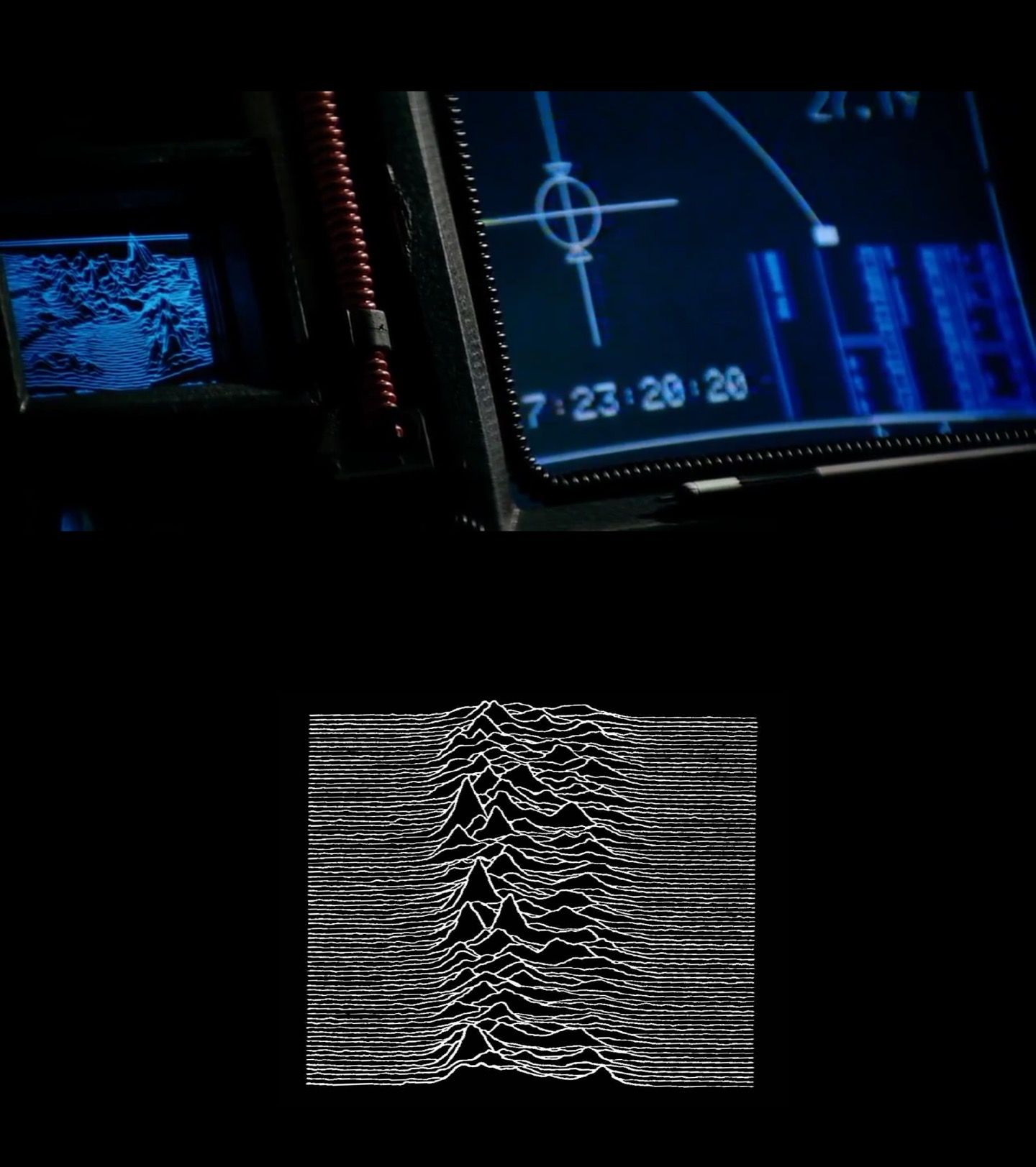 Screenshot from Aliens, contrasted with the classic Joy Division album cover